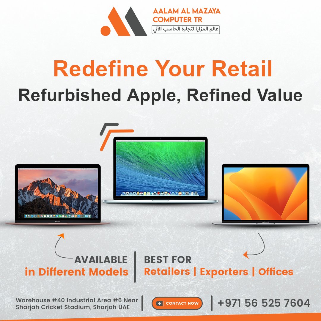 AAMComputer's tweet image. 🔁 Refreshed. Reliable. Ready for Business.
Bulk refurbished MacBooks now available at Aalam Al Mazaya Wholesale, Dubai &amp;amp; Sharjah. Premium 

DM us now for price
#RefurbishedMacbooks #AppleInBulk #WholesaleTech #AalamAlMazaya #DubaiWholesale #SharjahRetail #SmartResale