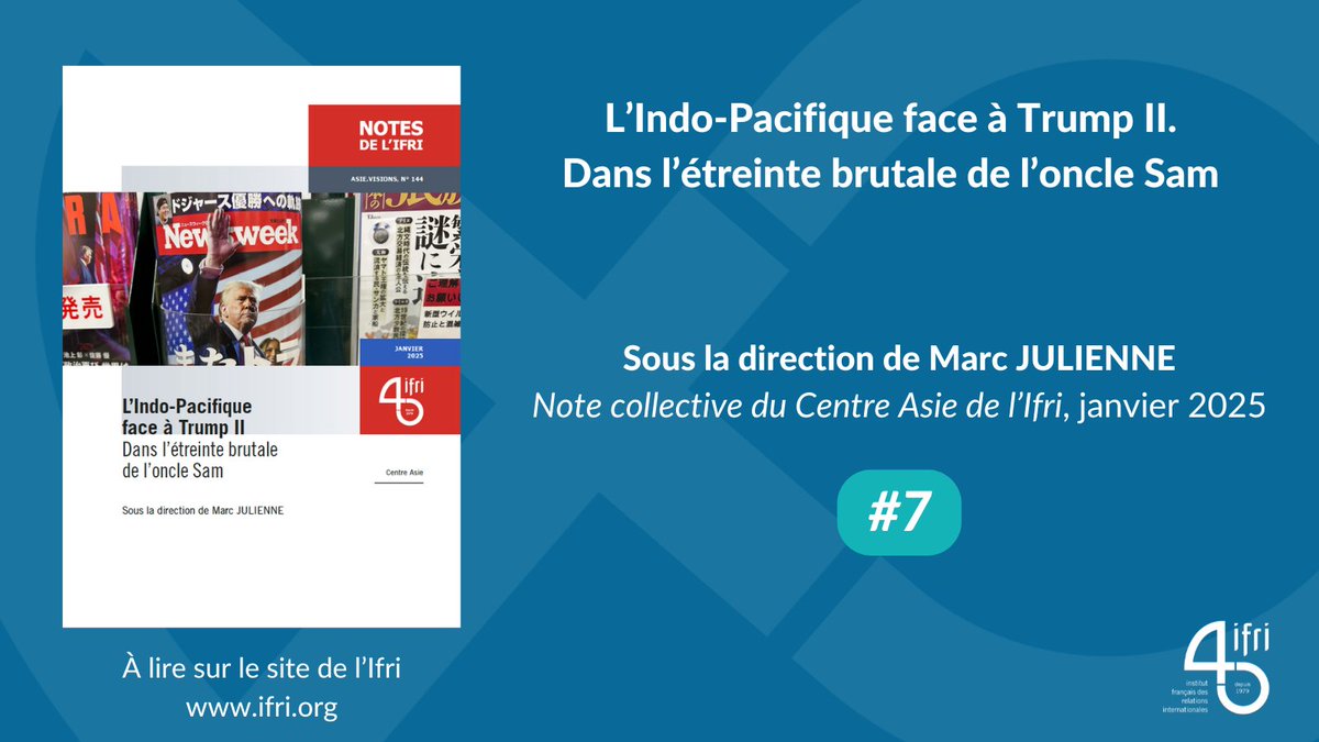 🔎 Découvrez le Top 10 des publications de l'Ifri les plus lues en 2025.

7⃣🌏L’Indo-Pacifique face à Trump II. Le retour de Donald Trump à la Maison-Blanche risque de rebattre les cartes des équilibres sécuritaires en Asie. Note collective <a href="/IFRI_asie/">Ifri - Centre Asie</a>.⤵️
ifri.org/fr/notes/lindo…