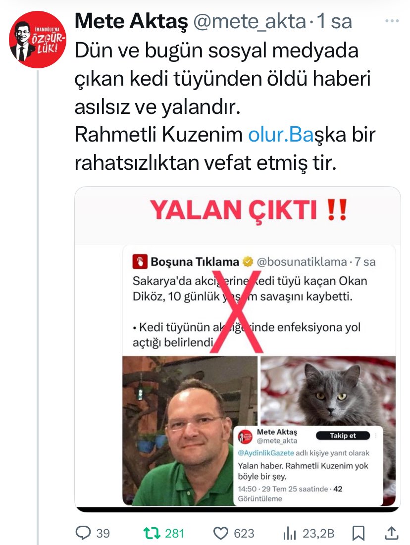 Dilara Erkmen (@dilaraerkmen_) on Twitter photo <a href="/drahmetrasim/">Ahmet Rasim Küçükusta</a> Hocam öyle bir şey olmadığını haberleri yaptıranlar da biliyor ama köpeklere uygulanan tarifenin aynısının kedilere de uygulanmak istenmesi.
Ne demişti ME bakanımız;
“Köpeklerden sonra kedileri konuşacağız.”
Sonrasında ise hangi türün yok edilmek isteneceğini bilemesek de <a href="/drahmetrasim/">Ahmet Rasim Küçükusta</a> Hocam öyle bir şey olmadığını haberleri yaptıranlar da biliyor ama köpeklere uygulanan tarifenin aynısının kedilere de uygulanmak istenmesi.
Ne demişti ME bakanımız;
“Köpeklerden sonra kedileri konuşacağız.”
Sonrasında ise hangi türün yok edilmek isteneceğini bilemesek de
