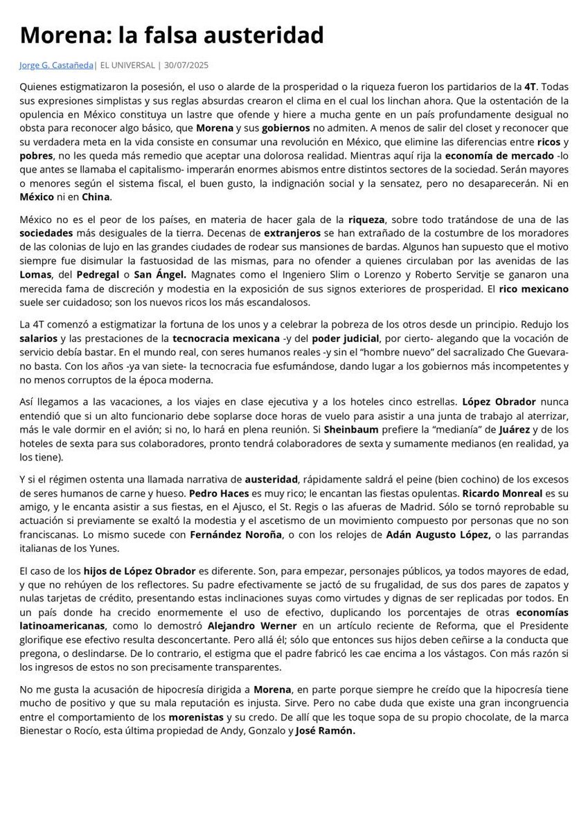 Jorge Castañeda (@jorgegcastaneda) on Twitter photo Quienes estigmatizaron la posesión, el uso o alarde de la prosperidad o la riqueza fueron los partidarios de la 4T. Ellos crearon el clima en el cual los linchan ahora. <a href="/El_Universal_Mx/">El Universal</a> Quienes estigmatizaron la posesión, el uso o alarde de la prosperidad o la riqueza fueron los partidarios de la 4T. Ellos crearon el clima en el cual los linchan ahora. <a href="/El_Universal_Mx/">El Universal</a>