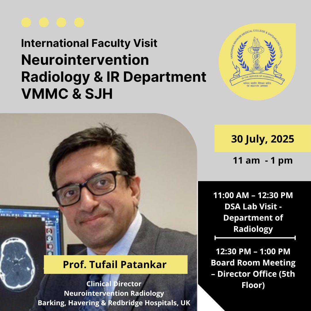 An honour to host Dr. Tufail Patankar, Neurointerventionist at London 🇬🇧 to DSA Lab, Radiology &amp; IR dept <a href="/SJHDELHI/">VMMC & Safdarjung Hospital</a>
A day of enriching intervention case discussion, advanced imaging insights, &amp; collaborative learning.
We thank him for his invaluable guidance.
#StrokeCare #DSALab