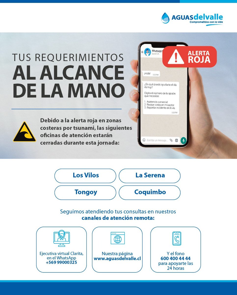 🌊🚨 Por #AlertaRoja de #Tsunami en #RegiondeCoquimbo <a href="/aguasdelvalle/">Aguasdelvalle</a>  informa:
❌ Cerradas oficinas de:#LaSerena #Coquimbo #Tongoy #LosVilos.
💧✅ Atención disponible de forma remota .
