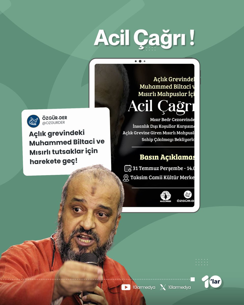 📌 Açlık grevindeki Muhammed Biltaci ve Mısırlı tutsaklar için harekete geç!

▪️İşkenceler, yargısız infazlar devam ediyor. Darbe cezaevlerinde yaşananlarla ilgili tutsak yakınları ile düzenlenecek basın açıklamasına basın ve duyarlı kamuoyu davetlidir.

🗓️ 31 Temmuz Perşembe
⏱️