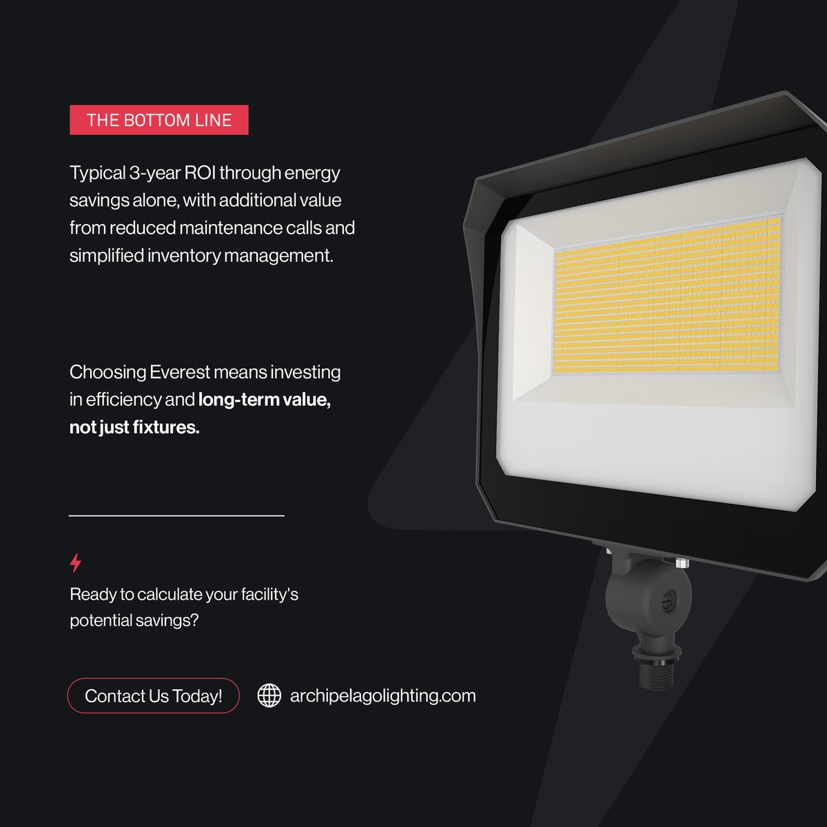 ArchipelagoLED's tweet image. Everest Flood Light = ROI you can see 📊
140 LM/W = 40% energy savings, 5-year warranty 🛡️ &amp;amp; DLC Premium rebates. One facility cut energy costs by 42% + reduced maintenance 60%. #ROI #EnergyEfficiency #BusinessValue
