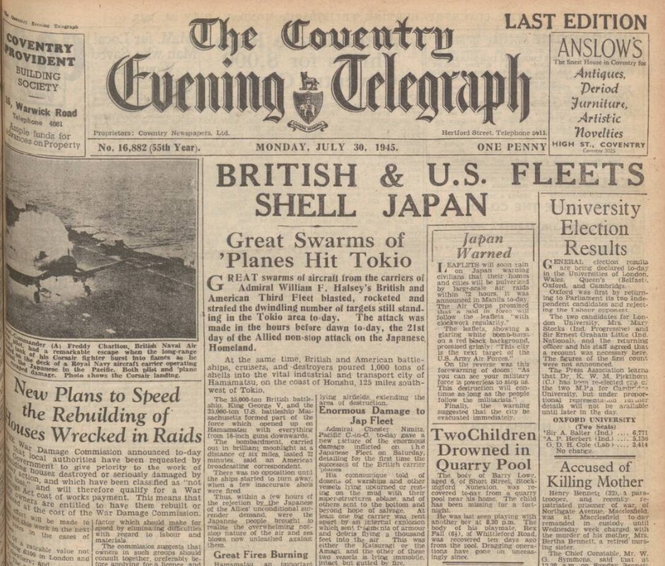 #OTD 80 years ago, ahead of the atomic bombing of Hiroshima and Nagasaki, the Coventry Evening Telegraph, 30 July 1945 reported on the 'great swarms of planes' bombing Tokyo bit.ly/3U2x3oI #SecondWorldWar