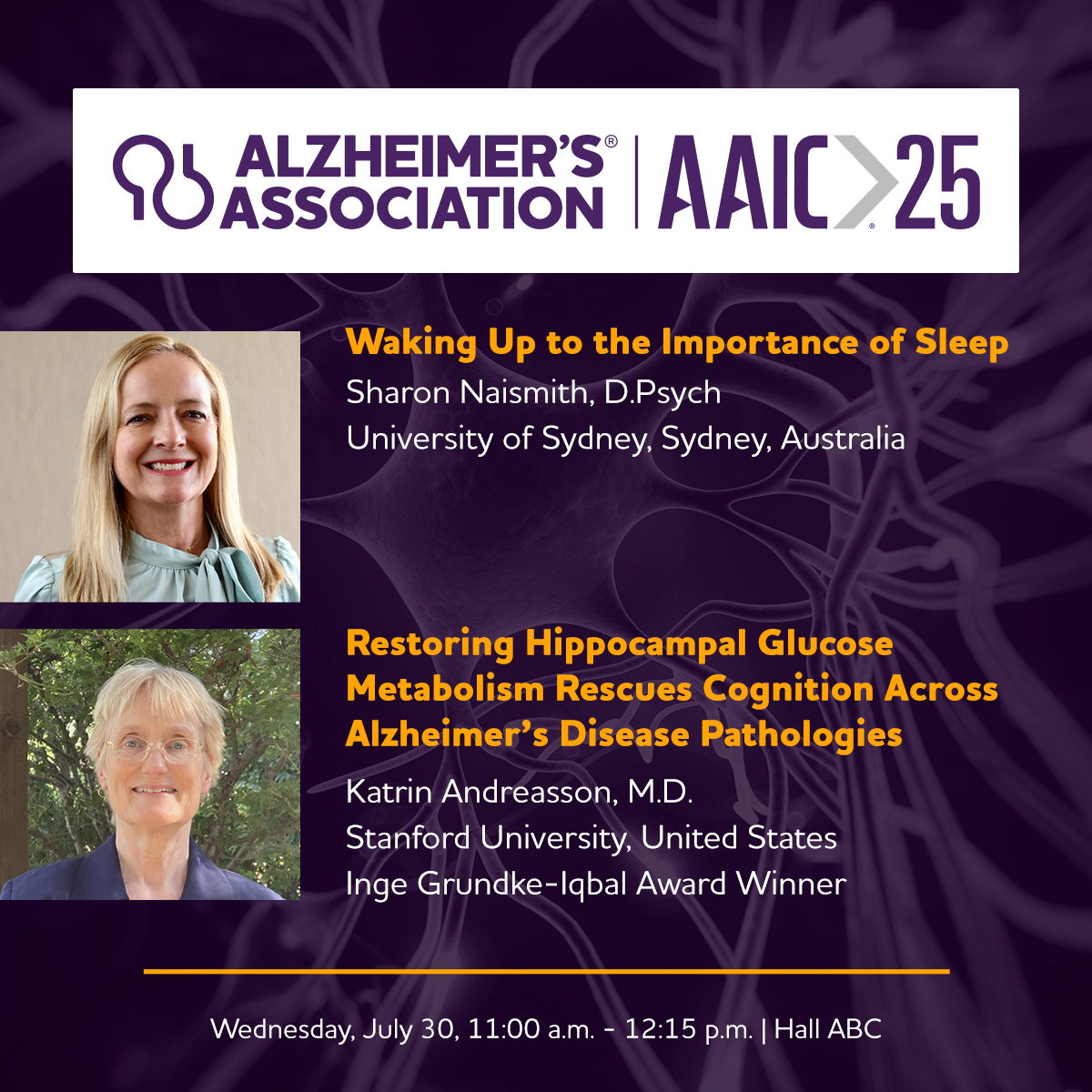 Alzheimer's Association (@alzassociation) on Twitter photo Today’s #AAIC25 plenary session will start at 11 a.m. in Hall ABC. Attendees, don’t miss your chance to hear from
🟣 <a href="/Prof_Naismith/">Sharon Naismith, AM, FASSA</a>, Professor, Leonard P Ullman Chair in Psychology, Charles Perkins Centre at the University of Sydney
🟣 Katrin Andreasson, M.D., Edward F. and Today’s #AAIC25 plenary session will start at 11 a.m. in Hall ABC. Attendees, don’t miss your chance to hear from
🟣 <a href="/Prof_Naismith/">Sharon Naismith, AM, FASSA</a>, Professor, Leonard P Ullman Chair in Psychology, Charles Perkins Centre at the University of Sydney
🟣 Katrin Andreasson, M.D., Edward F. and