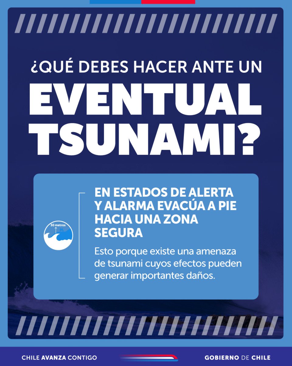 🚨 Ante la alerta de tsunamis en las costas de Chile, les recomendamos seguir las siguientes indicaciones:
✅ Evacúa a pie a una zona segura.
✅ Mantén la calma.
✅ Ten preparado un kit de emergencia.
✅ Infórmate en los canales oficiales de <a href="/Senapred/">SENAPRED</a>