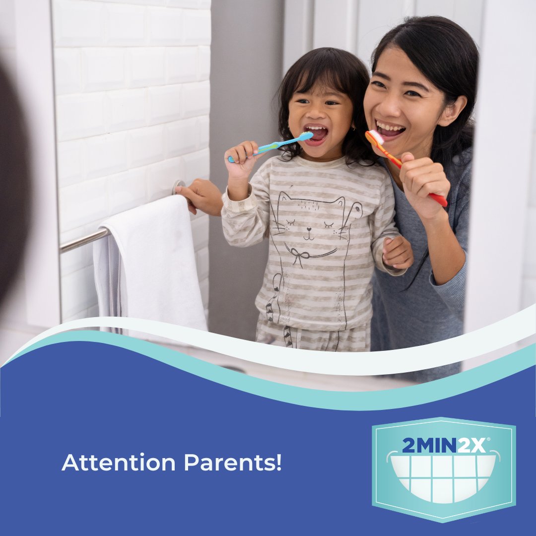 Attention parents! 25% of adults DO NOT brush twice a day. It is important to set a good example from your children so make sure to brush with them two times a day for two minutes. #2min2x #startearly #brushing #teeth