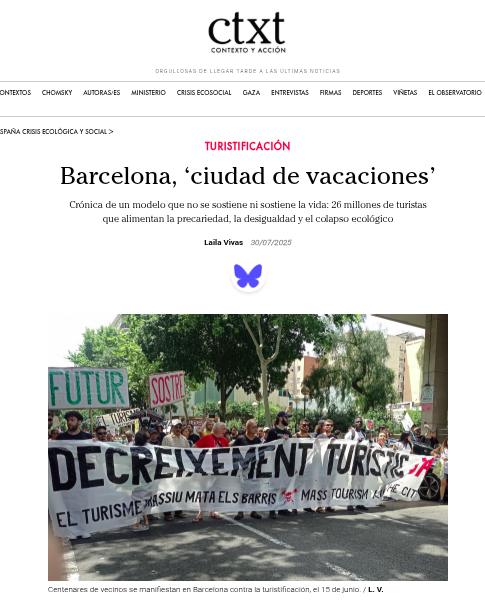 AssBarrisDT's tweet photo. Fa molt que "Medir el turismo en cifras económicas ya no sirve"
Bona anàlisi arrel de la mani pel #DecreixementTurístic a #Bcn el #15J, i a altres llocs de la xarxa #SETnet: precarietat laboral i vital, desigualtat i col·lapse ecològic
#ProuTuristització
https://t.co/USuNbiYTBK https://t.co/b26VEDVSX2