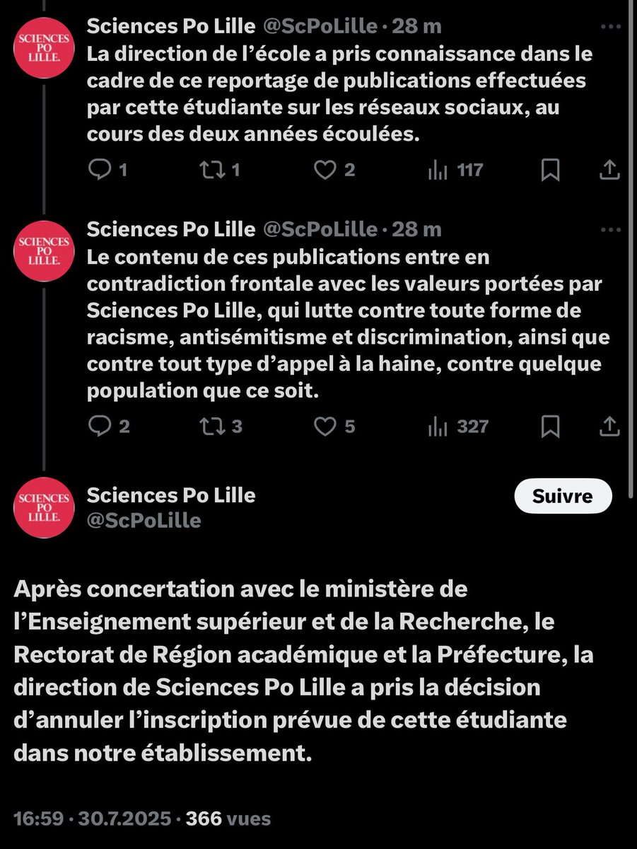 🚨🎉 1ÈRE VICTOIRE : <a href="/ScPoLille/">Sciences Po Lille</a> annonce l'annulation de l'inscription de Nour Attala à la suite d'une concertation avec les autorités compétentes. 

Mais ce n’est qu’un début. Cette islamiste doit maintenant quitter le territoire. Elle représente un danger.

La France ne peut