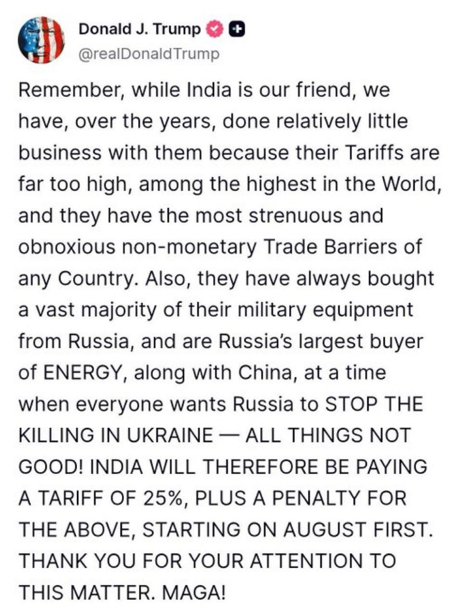 What India should do?President Trump imposes a 25% tariff on India and a “penalty” beginning August 1st for buying Russian energy and military equipment.