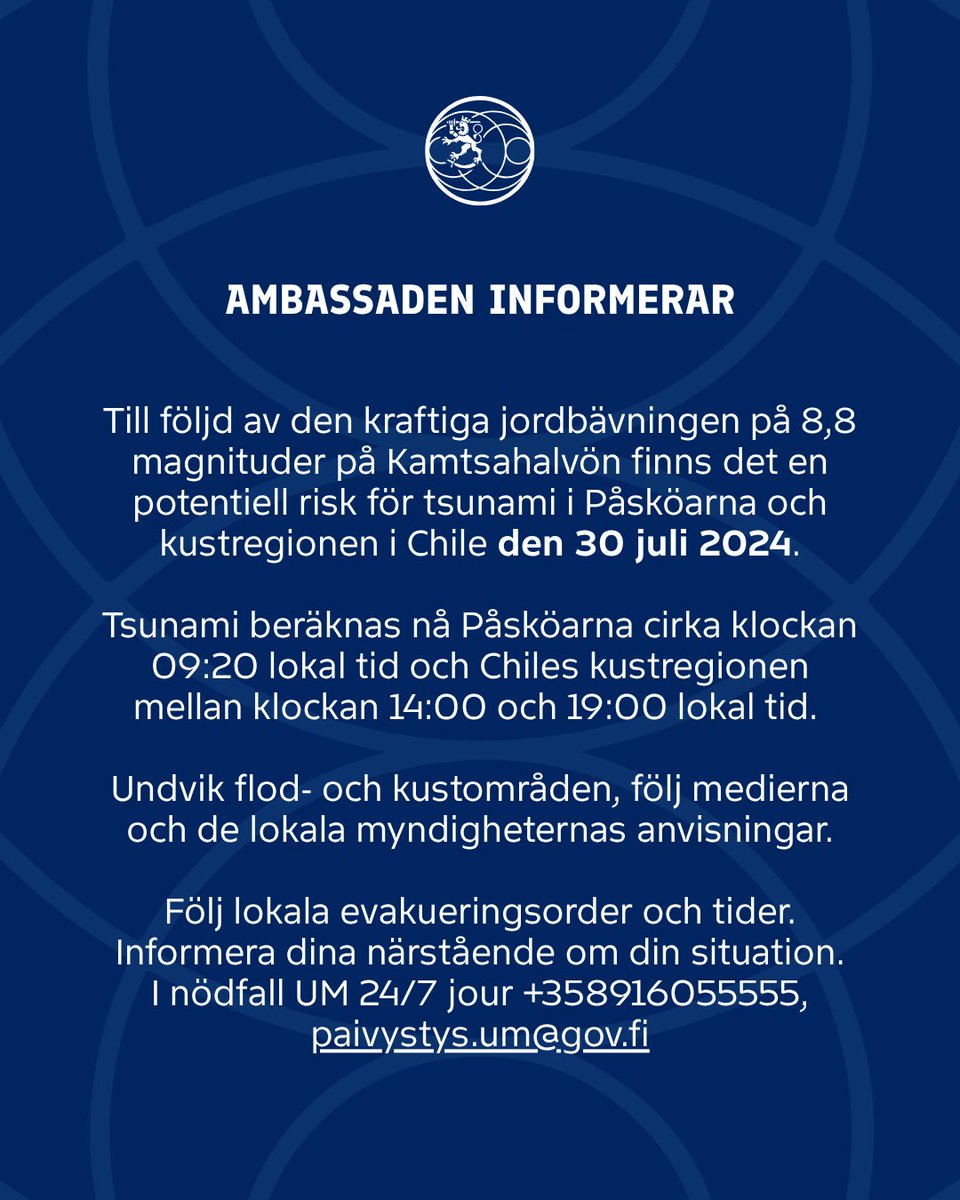 Chilen Pääsiäissaarilla ja Chilen rannikkoalueilla mahdollinen tsunamivaara keskiviikkona 30.7.2025. 

Potentiell risk för tsunami i Påsköarna och kustregionen i Chile den 30 juli 2024.