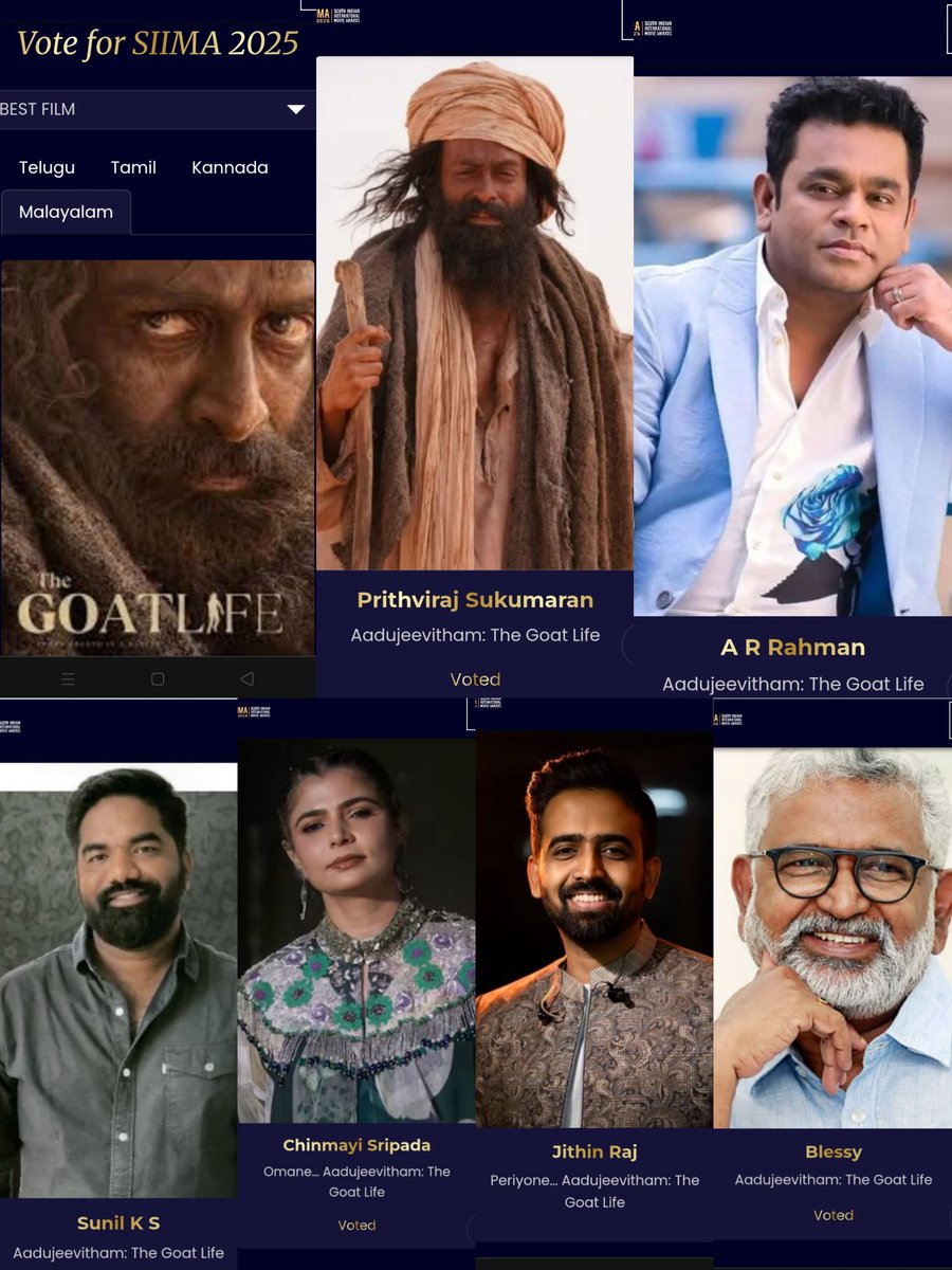 Anju✩lionheartz 🦉 (@prithvihourly) on Twitter photo Vote for #Aadujeevitham Team 🙇🏻♀️
 siima.in/vote
#PrithvirajSukumaran #ARRahman #ChinmayiSripada #TheGoatLife Vote for #Aadujeevitham Team 🙇🏻♀️
 siima.in/vote
#PrithvirajSukumaran #ARRahman #ChinmayiSripada #TheGoatLife
