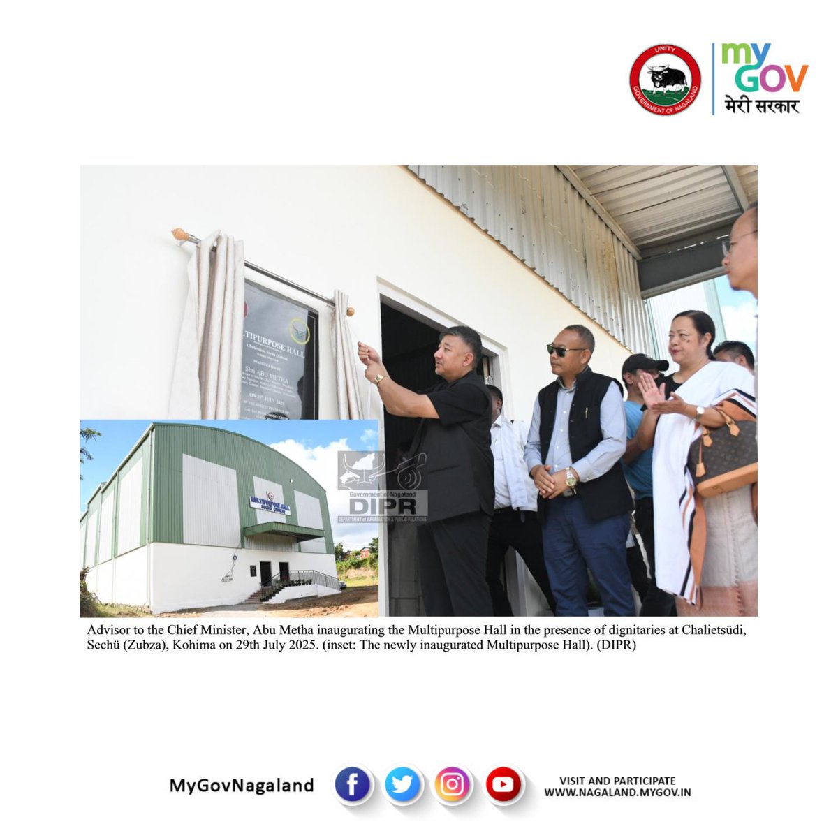 Advisor to the Chief Minister and Secretary General of the Nagaland Olympic Association, <a href="/abumetha/">abu metha</a> inaugurated the Multipurpose Hall at Chalietsüdi, Sechü (Zubza) on 29th July 2025, a major step forward in the state’s vision for youth empowerment through sports.
<a href="/dipr_nagaland/">DIPR Nagaland</a>