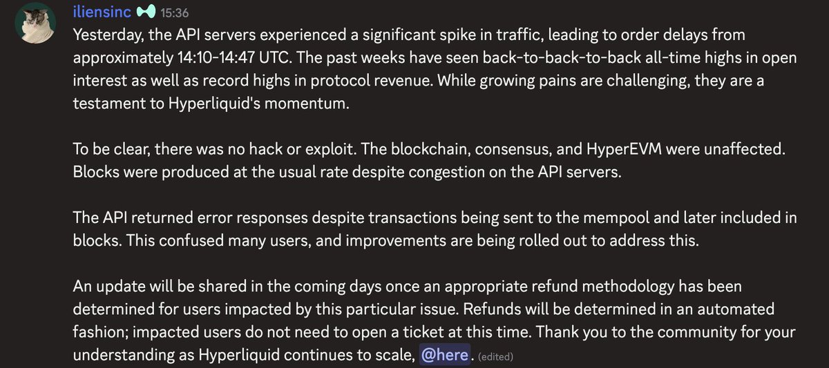 Enigma (@enigmavalidator) on Twitter photo Following yesterday’s API server issues on <a href="/HyperliquidX/">Hyperliquid</a>, team announced that all affected users will be refunded automatically.
No action is required, there’s no need to open a ticket. Refunds will be processed in the coming days. Following yesterday’s API server issues on <a href="/HyperliquidX/">Hyperliquid</a>, team announced that all affected users will be refunded automatically.
No action is required, there’s no need to open a ticket. Refunds will be processed in the coming days.