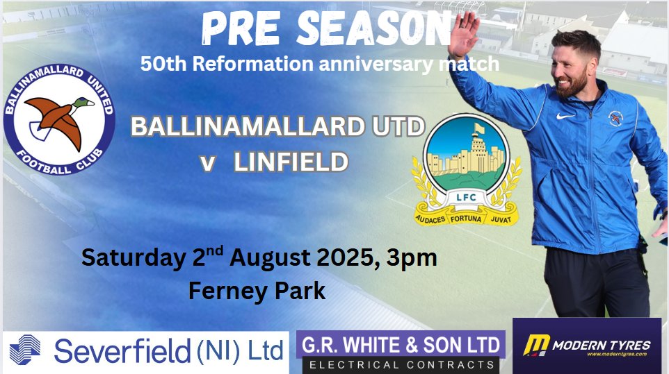 📷𝟓𝟎𝐭𝐡 𝐀𝐧𝐧𝐢𝐯𝐞𝐫𝐬𝐚𝐫𝐲 𝐑𝐞𝐟𝐨𝐫𝐦𝐚𝐭𝐢𝐨𝐧 𝐌𝐚𝐭𝐜𝐡📷
📷Mallards v Linfield <a href="/OfficialBlues/">Linfield FC</a> 
📷Saturday 2nd August 2025, 3pm
📷Ferney Park