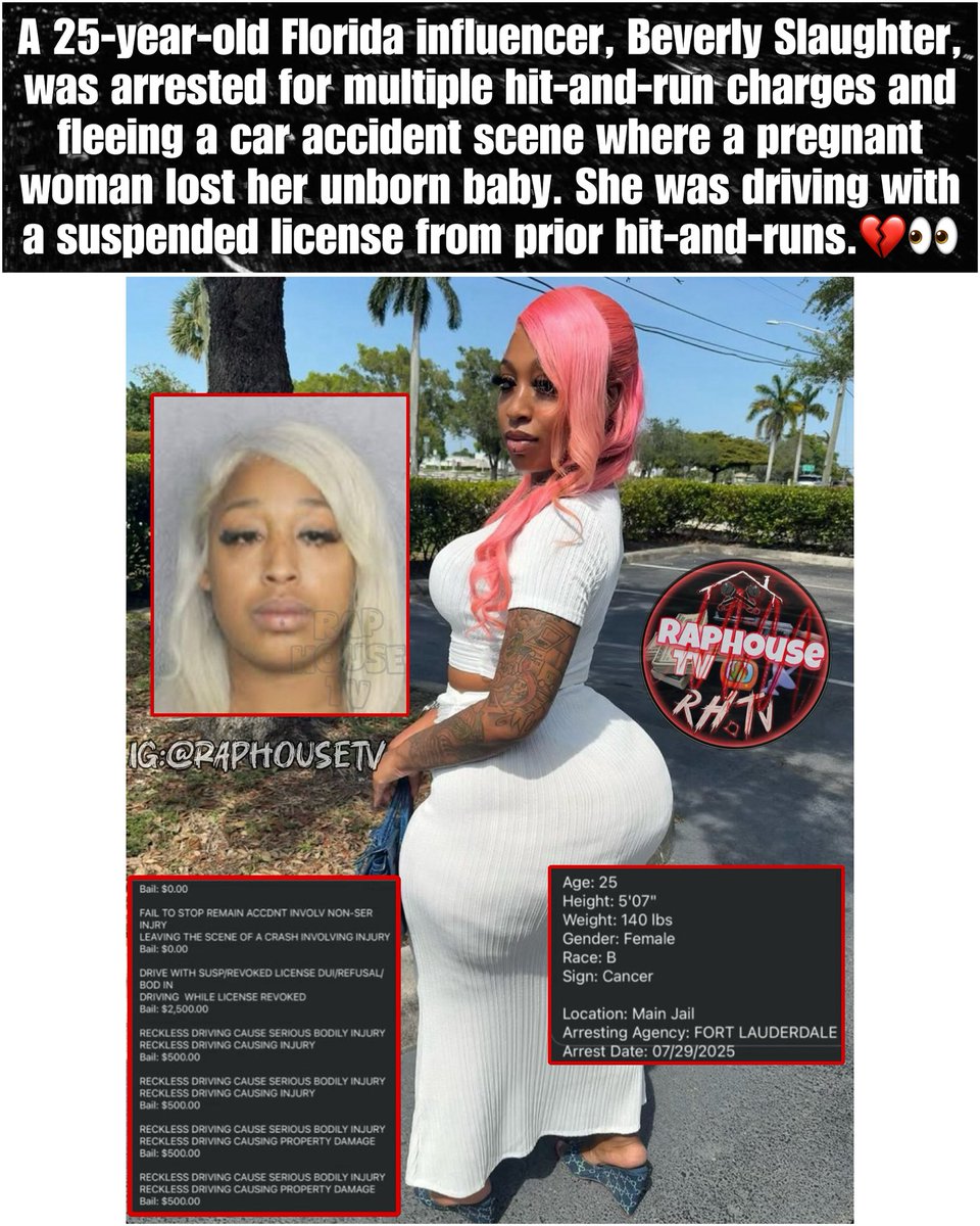 A 25-year-old influencer from Florida , Beverly Slaughter, was arrested for multiple hit-and-run charges and fleeing a car accident scene where a pregnant woman lost her unborn baby. She was driving with a suspended license from prior hit-and-runs.