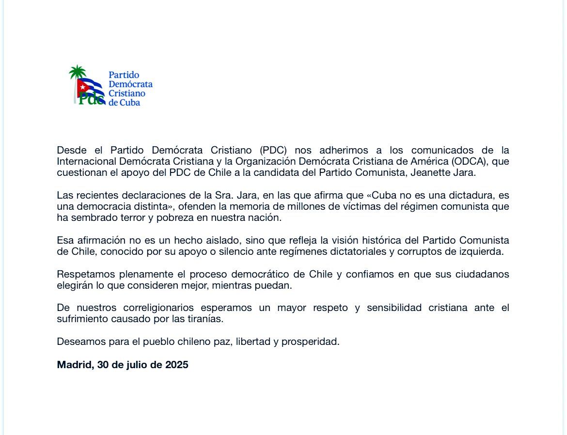 Democristianos Cuba (@cubapdc) on Twitter photo El <a href="/CubaPdc/">Democristianos Cuba</a> se adhiere al cuestionamiento de la <a href="/idccdi_/">IDC CDI</a> y la <a href="/ODCA/">ODCA</a> por el apoyo del PDC de Chile a la candidata del Partido Comunista, Jeanette Jara. Respetamos el proceso democrático de Chile y de nuestros correligionarios esperamos mayor respeto a las víctimas de las tiranías El <a href="/CubaPdc/">Democristianos Cuba</a> se adhiere al cuestionamiento de la <a href="/idccdi_/">IDC CDI</a> y la <a href="/ODCA/">ODCA</a> por el apoyo del PDC de Chile a la candidata del Partido Comunista, Jeanette Jara. Respetamos el proceso democrático de Chile y de nuestros correligionarios esperamos mayor respeto a las víctimas de las tiranías