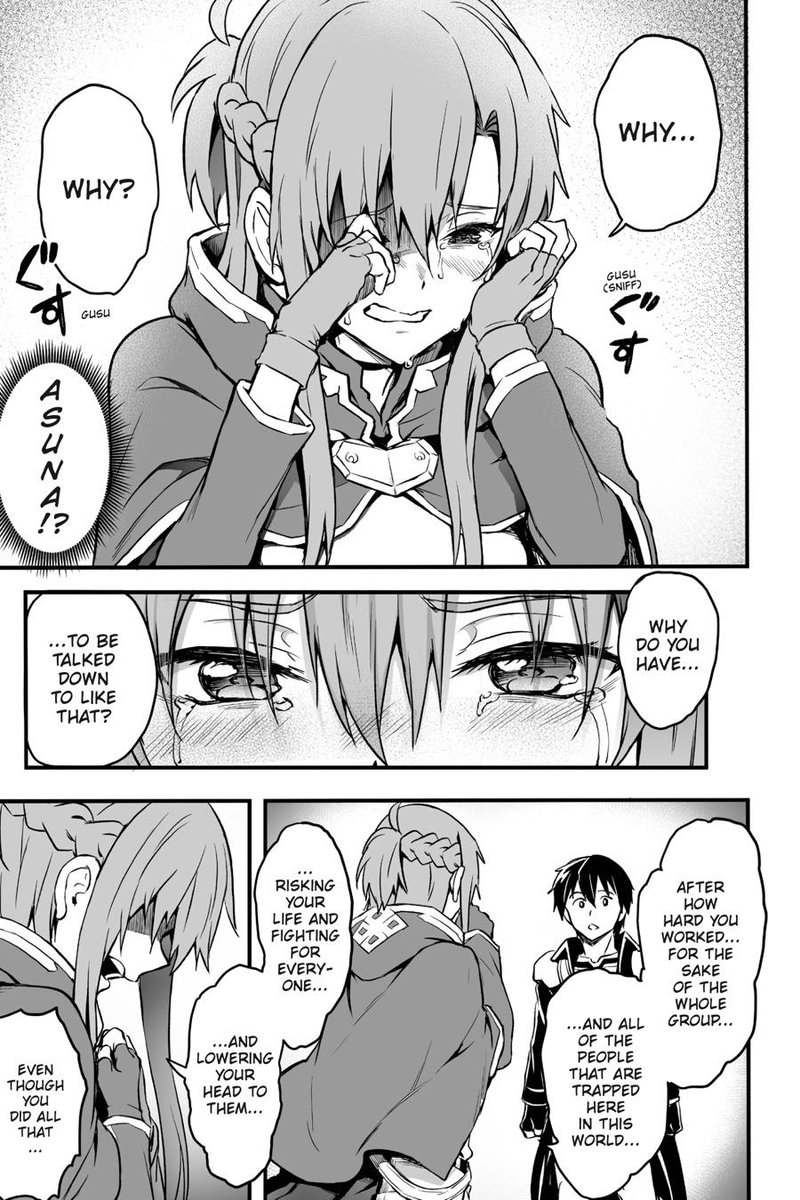 DualBladesSkill's tweet image. I am glad Kirito got to vent a bit and cry in Asuna's chest here after all the mistreatment he was getting by the other players since Kirito was viewed as the filthy beta tester🥺

Even Asuna cried because she realized it was unfair. But gives him a hug 🥹🖤