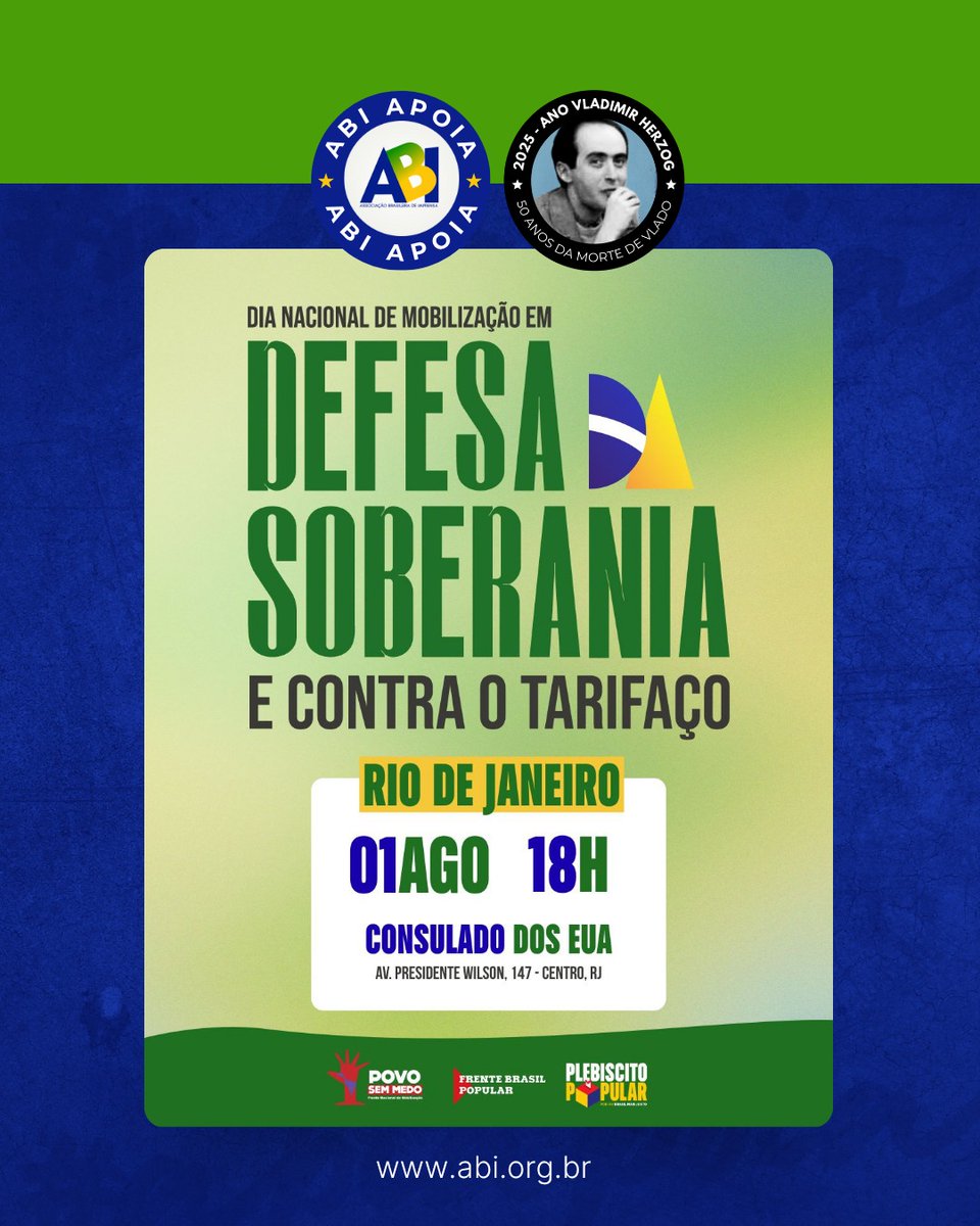 Nesta sexta-feira, 01 de agosto, acontecerá um ato popular em defesa da soberania nacional, contra o tarifaço de Trump. O ato é convocado por dezenas de entidades do movimento social e partidos políticos.
👉DATA: 01/08, às 18h
👉LOCAL: Consulado dos EUA, Centro do Rio
Participe!