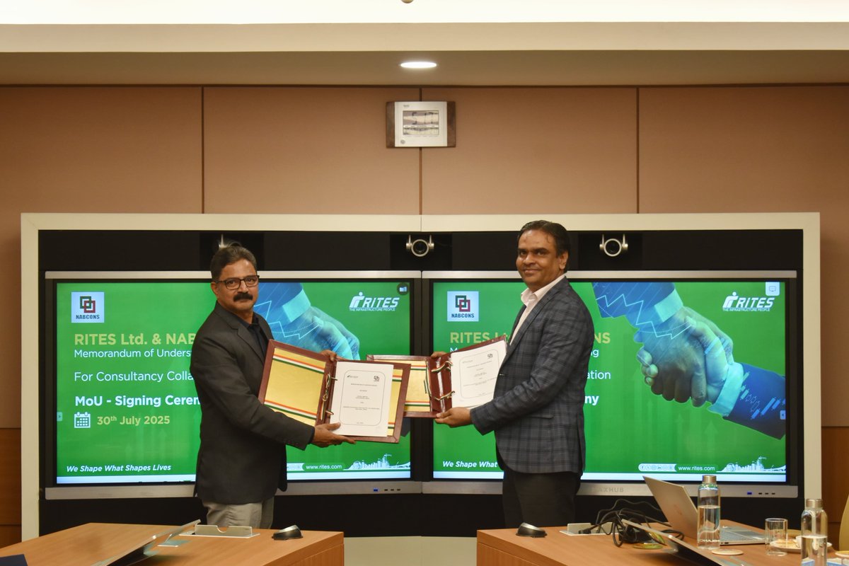 RITESLIMITED's tweet photo. #RITES signed an MoU with #NABCONS to collaboratively advance infrastructure and rural development.
This partnership leverages NABCONS’ expertise in rural and agricultural domains and RITES’ strength in infrastructure planning.
@NABARDOnline https://t.co/JSTxrSy2l8