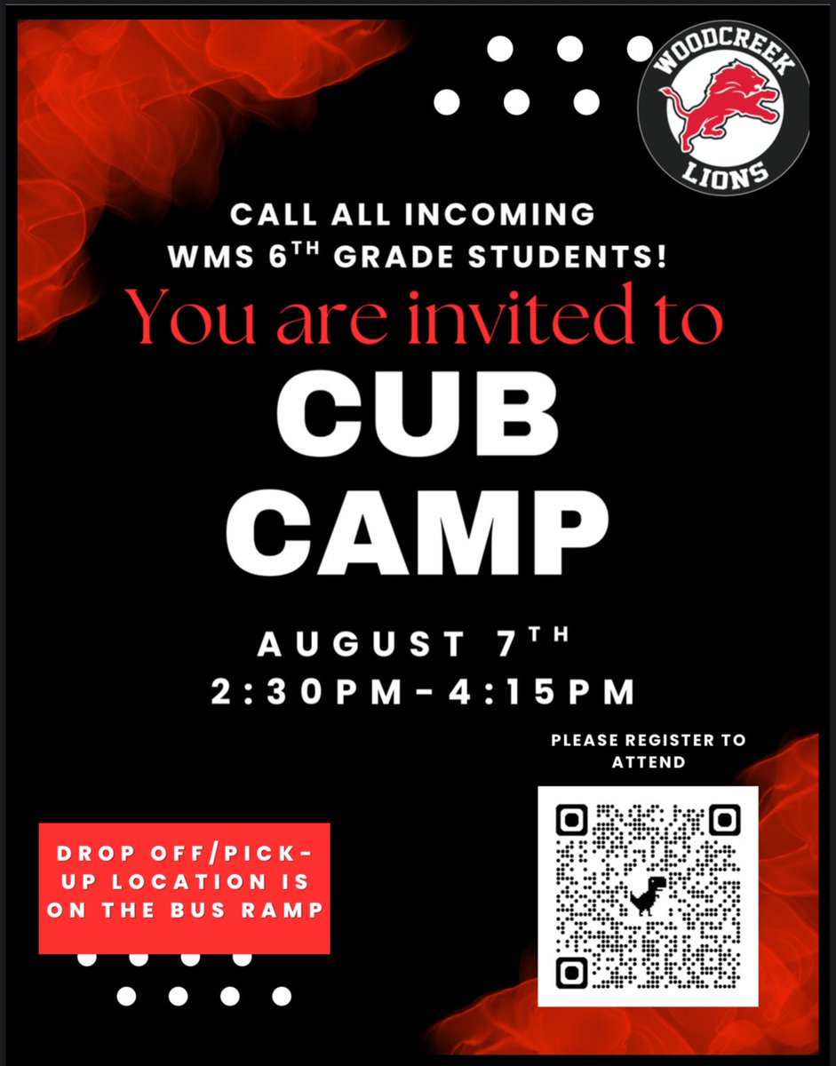 Calling all Cubs!
You are officially invited to join us for Cub Camp—a fun &amp; exciting event designed just for our incoming 6th graders!
🎒 What: Cub Camp
📅 When: August 7th
🕝 Time: 2:30 PM – 4:15 PM
📍 Where: Woodcreek Middle School
📝 Register Here
forms.gle/FAmqcZhFJGdHxt…