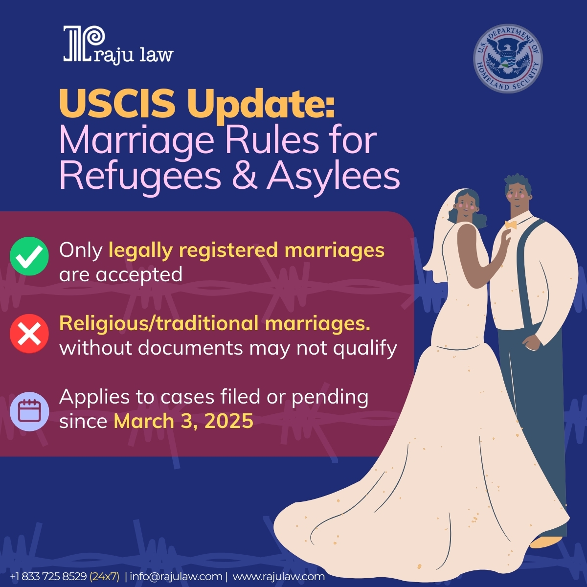 rajulawusa's tweet image. 📢 New marriage rules for refugees &amp;amp; asylees: Only legally registered marriages are now recognized by U.S immigration.

Religious/traditional marriages without official docs may be denied. Applies to all cases since March 3, 2025

#MarriageRules2025 #USCISUpdate #RefugeeMarriage