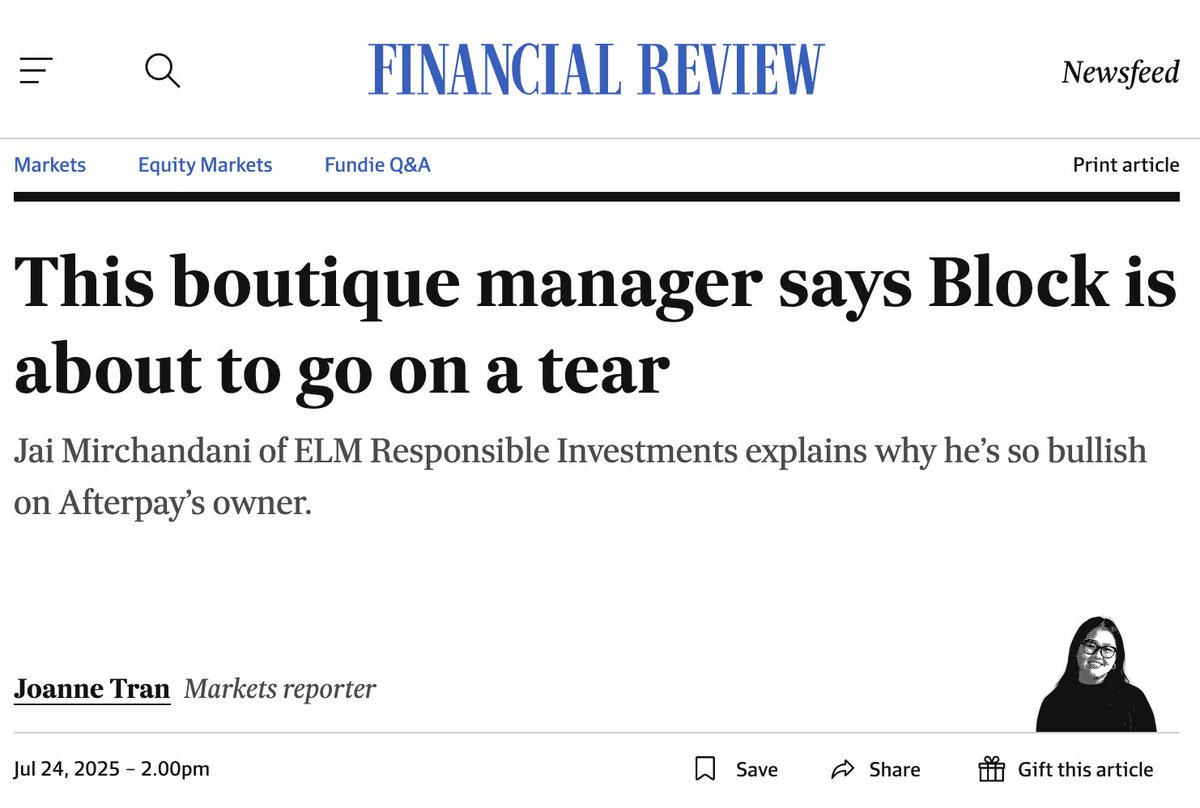 $XYZ – "Block is about to go on a tear"

"We expect a re-rating as the market begins to appreciate the company’s accelerating margin expansion and strong growth trajectory"

– Jai Mirchandani, founder and chief investment officer of Melbourne boutique ELM Responsible Investments