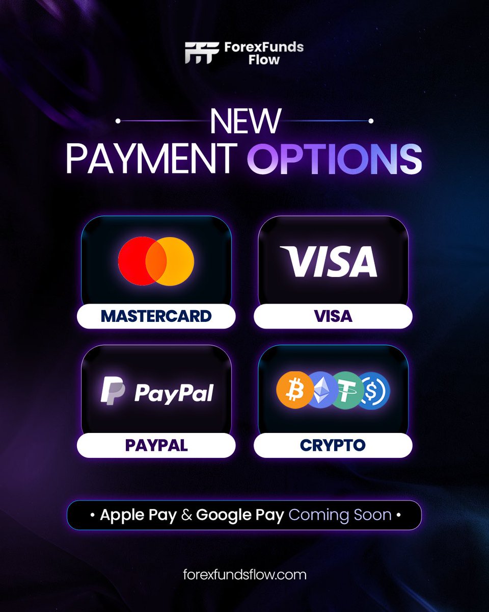 💳 New Payment Options are now live at Forex Funds Flow!

You can now pay using:
✅ Mastercard
✅ Visa
✅ PayPal
✅ Crypto

🚀 Apple Pay &amp; Google Pay coming very soon!

🎁 Use these limited-time discount codes when you buy your challenge:
🔹 FFF35 → For $5K to $25K challenge