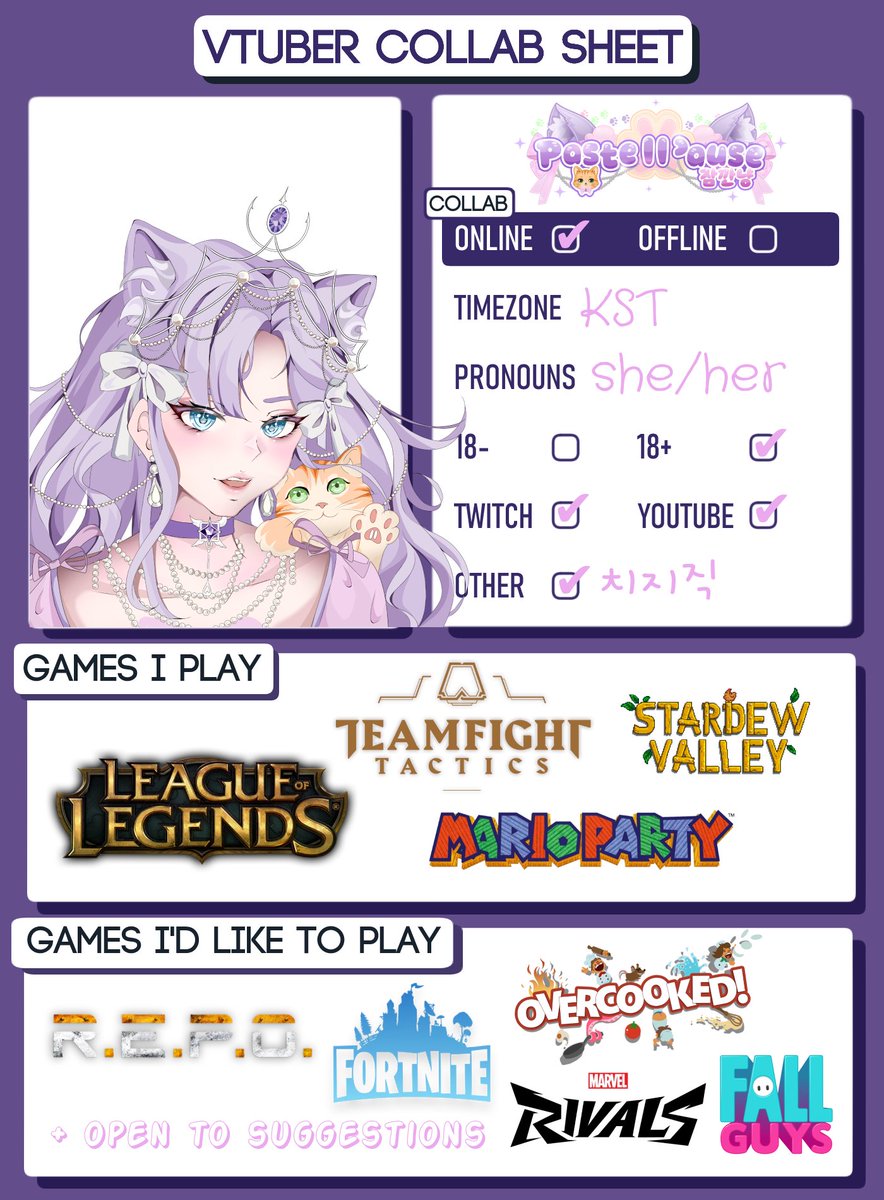 SadieSonnet's tweet photo. hi, i'm pastelpause! pre-debut vtuber looking for friends & future collabs to press ⏸️ n relax with 😻
안녕하세요! 버튜버 데뷔 준비중인 외국인 스트리머 잠깐냥입니다~ 치지직, 트위치, 유튜브에서 방송할 예정이에요!
흔적 남겨주시면 찾아갈게요!! 🐾
#vtubercollabsheet #버튜버_𝕏친소 https://t.co/dUZ9vMzFuw