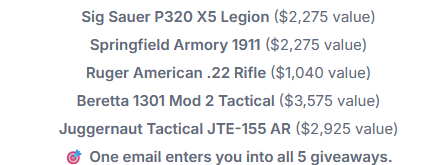 FreedomFriedFather (@freedomfriedf) on Twitter photo John Battle Spirits is giving away a <a href="/sigsauerinc/">SIG SAUER</a> P320 X5 Legion, <a href="/Springfield_Inc/">Springfield Armory®</a> 1911, <a href="/Ruger_Firearms/">Ruger</a> American .22, <a href="/Beretta_USA/">BERETTA USA</a> 1301T, and a Juggernaut AR. Enter now --> wn.nr/Q32khst John Battle Spirits is giving away a <a href="/sigsauerinc/">SIG SAUER</a> P320 X5 Legion, <a href="/Springfield_Inc/">Springfield Armory®</a> 1911, <a href="/Ruger_Firearms/">Ruger</a> American .22, <a href="/Beretta_USA/">BERETTA USA</a> 1301T, and a Juggernaut AR. Enter now --> wn.nr/Q32khst