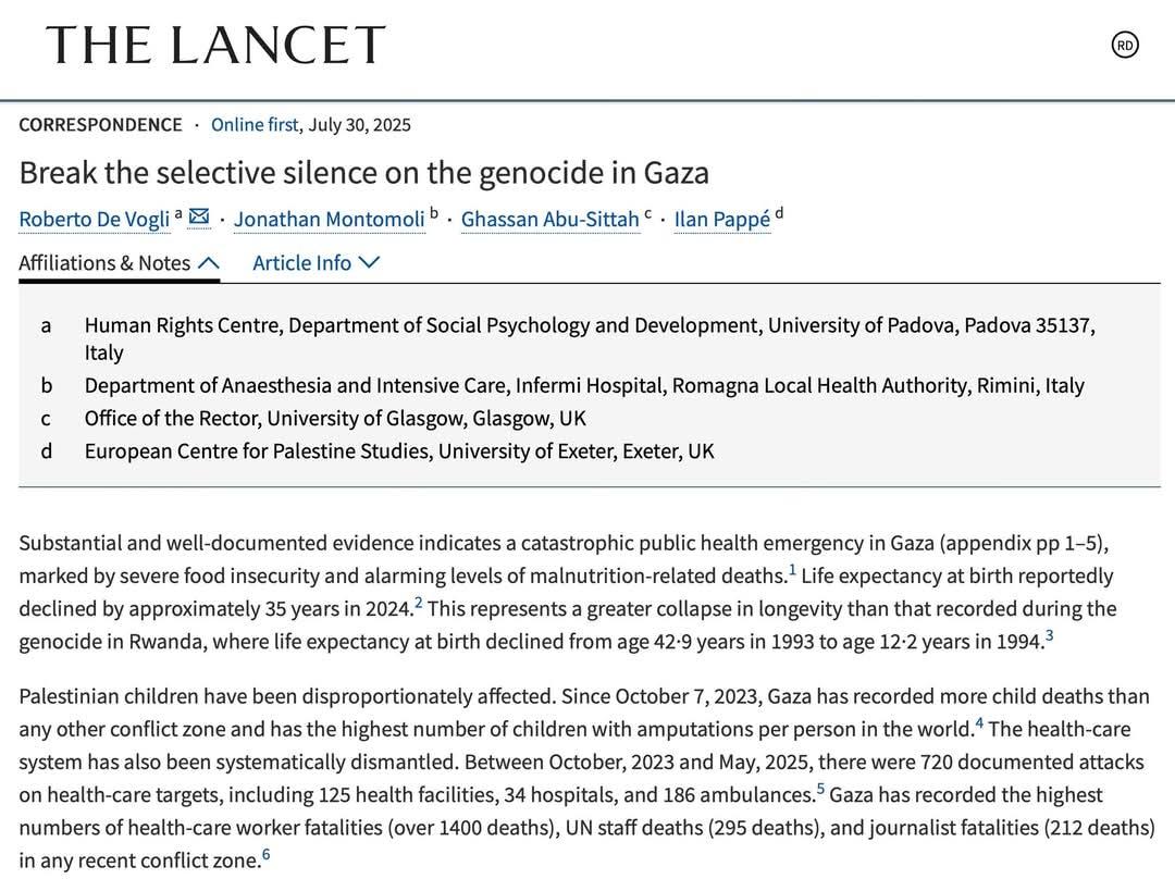 Rompiamo il silenzio selettivo sul GENOCIDIO a Gaza
The Lancet 30 luglio 2025

#Stopgenocide