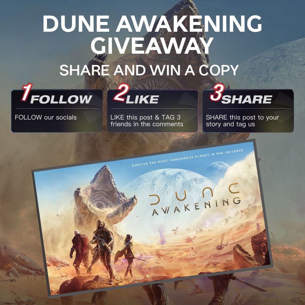 DLive (@officialdlive) on Twitter photo π DUNE AWAKENING GIVEAWAY π
Survive the sands. Rule the spice. One lucky winner will walk away with a FREE copy of Dune: Awakening! πͺοΈβοΈ
HOW TO ENTER:
1οΈβ£ FOLLOW us <a href="/OfficialDLive/">DLive</a>
2οΈβ£ LIKE this post & TAG 3 friends
3οΈβ£ Repost this post and TAG us
β³ Ends: August 17, 2025 π DUNE AWAKENING GIVEAWAY π
Survive the sands. Rule the spice. One lucky winner will walk away with a FREE copy of Dune: Awakening! πͺοΈβοΈ
HOW TO ENTER:
1οΈβ£ FOLLOW us <a href="/OfficialDLive/">DLive</a>
2οΈβ£ LIKE this post & TAG 3 friends
3οΈβ£ Repost this post and TAG us
β³ Ends: August 17, 2025