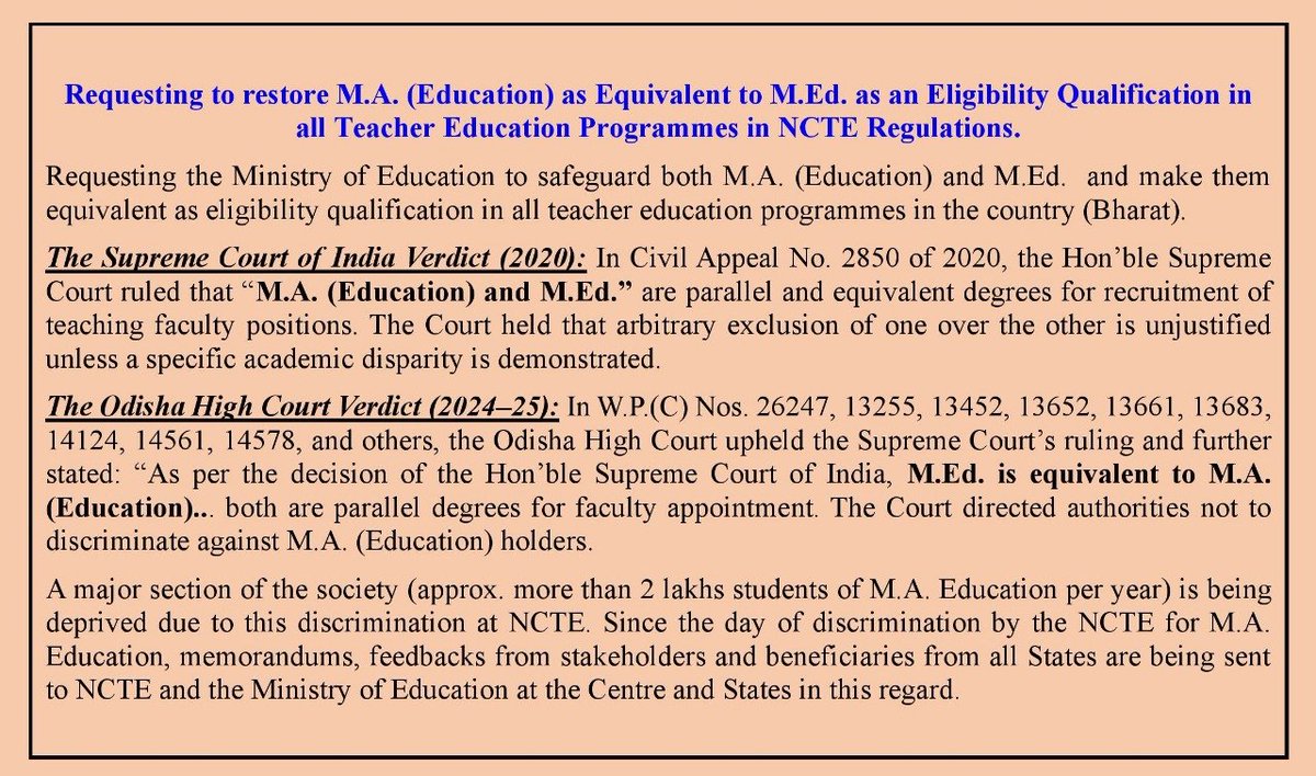 ManishaSwa26665's tweet photo. #includeMAinEducation
Requesting the Ministry of Education to safeguard both M.A. (Education) and M.Ed. and make them equivalent as eligibility qualification in all teacher education programmes in the country (Bharat).
@EduMinOfIndia
@PMOIndia
@rashtrapatibhvn https://t.co/rBJGrG0wIW