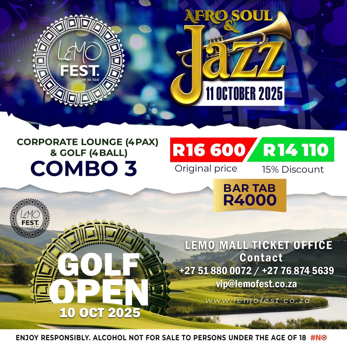 LemoFest_'s tweet photo. ✨COMBO 3: GOLF OPEN &amp; AFRO SOUL AND JAZZ✨

This combo also includes a R4000 bar tab, the perfect way to unwind and enjoy the vibes

#LemoFest2025 #ReyaKasi #Isukile https://t.co/j5JQmk2FjS