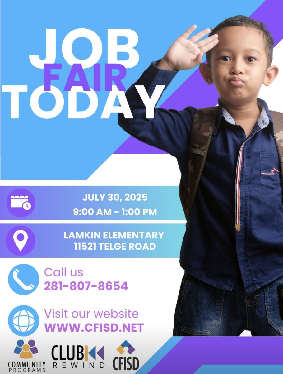Melissa Lester (@cfisdmelissa) on Twitter photo 📣 Final Club Rewind Job Fair – TODAY!
Join us at Lamkin Elementary and lock in your spot with <a href="/CFISDCOMMPROG/">CFISD COMMUNITY PROGRAMS</a> Club Rewind for the 2025–2026 school year! 🎉
✅ Great for high school & college students
✅ Fun, rewarding work with kids
#OnThePathToAmazing 📣 Final Club Rewind Job Fair – TODAY!
Join us at Lamkin Elementary and lock in your spot with <a href="/CFISDCOMMPROG/">CFISD COMMUNITY PROGRAMS</a> Club Rewind for the 2025–2026 school year! 🎉
✅ Great for high school & college students
✅ Fun, rewarding work with kids
#OnThePathToAmazing