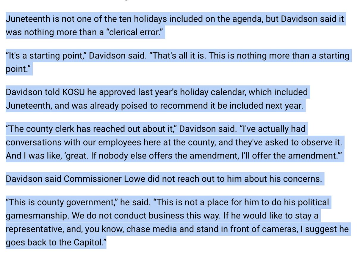 Oklahoma County Commissioners approved a holiday list this morning that includes Juneteenth. Before doing so, Chairman Myles Davidson criticized his fellow commissioner, Jason Lowe, for making this an issue.