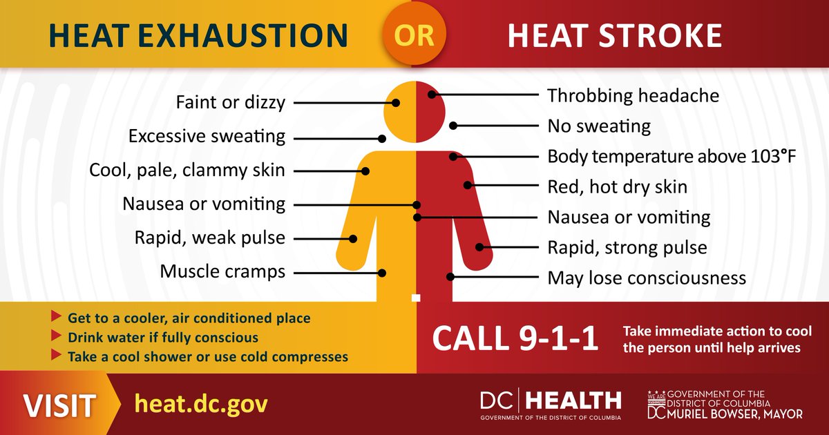 Know the signs! 🚨

Heat exhaustion includes heavy sweating and weakness, while heat stroke is marked by no sweating, confusion, and high body temperature. Recognize symptoms and act fast!

Visit heat.dc.gov for more info.