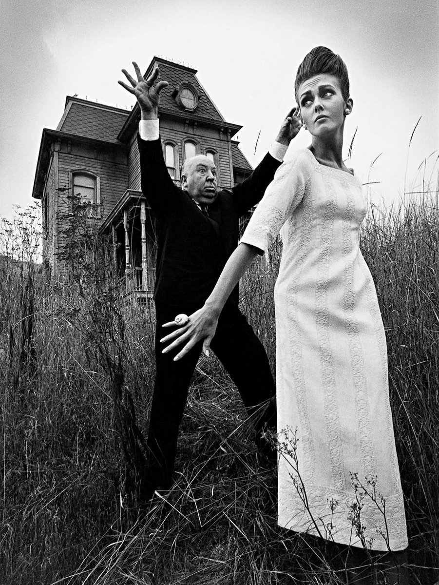Photograph of Alfred Hitchcock and model Ina Balke, taken by Jeanloup Sieff for Harper’s Bazaar, 1962.