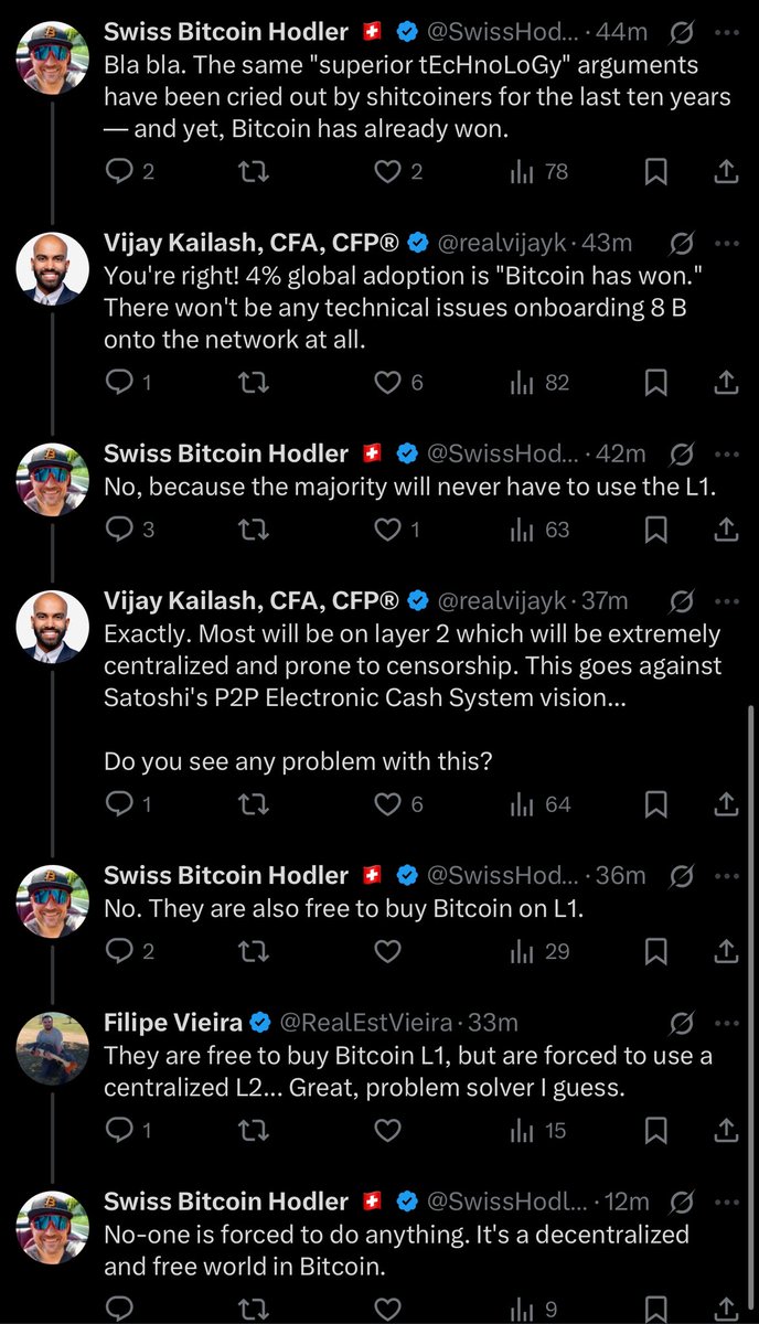 &gt;&gt;The majority of the world won't use L1 $BTC.
&gt;&gt;No they are free to use L1 $BTC. 

I don't think this guy has put in the work to critically think how Bitcoin's future looks.

Study $KAS.