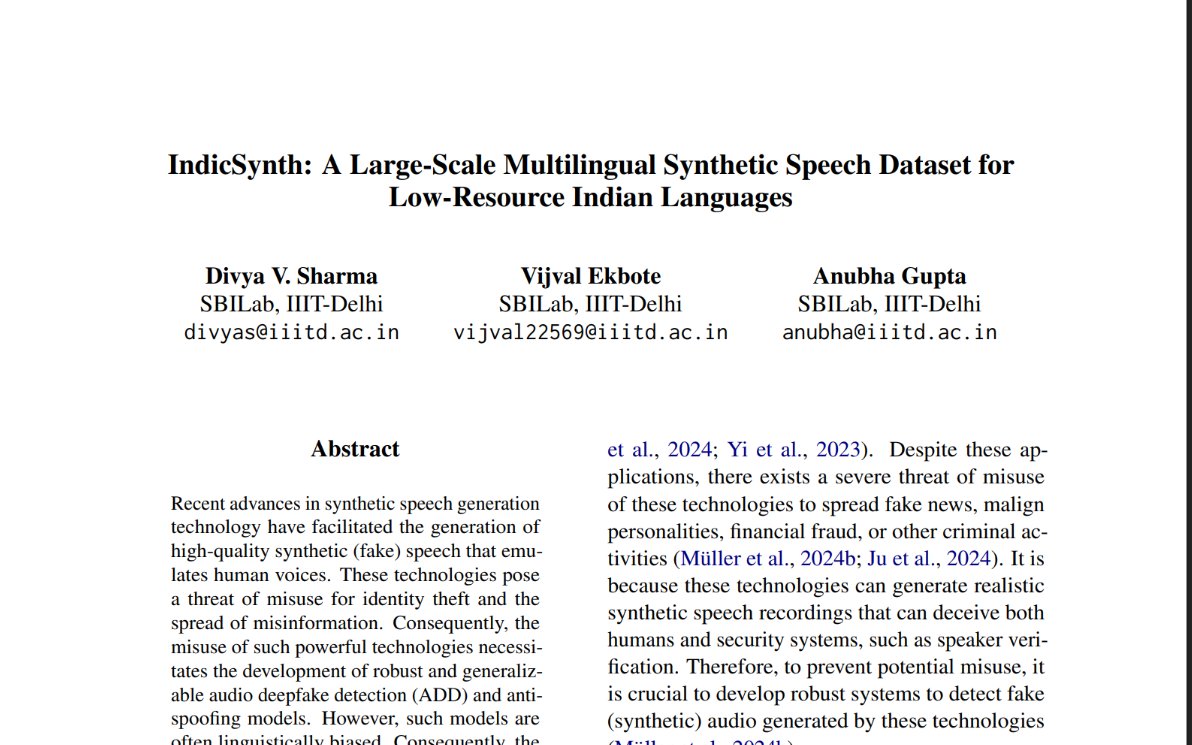 IndicSynth: A Large-Scale Multilingual Synthetic Speech Dataset for Low-Resource Indian Languages from @anubha_gupta_ Divya Vijval (IIITD)

wins outstanding paper at ACL 2025!