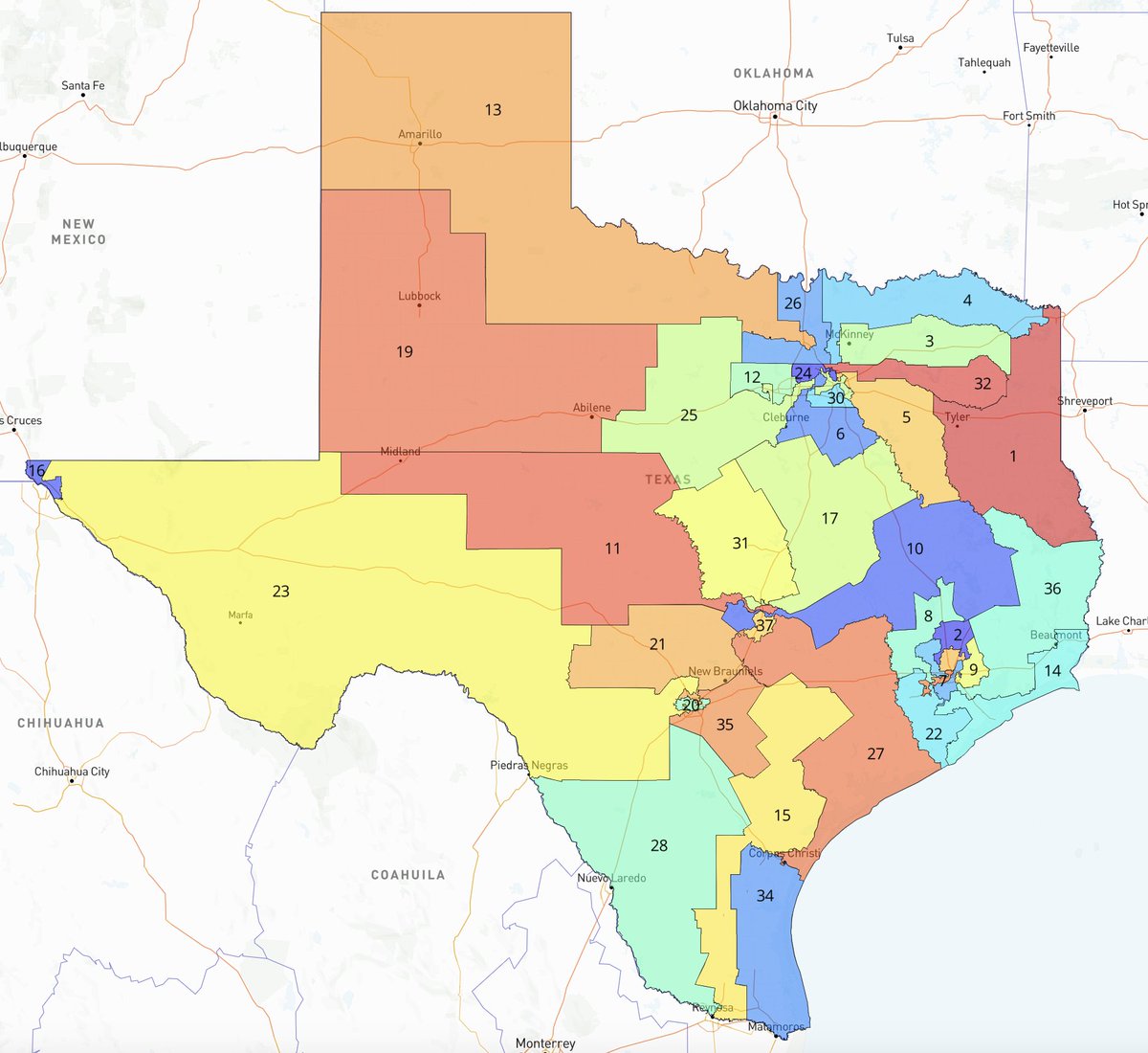 NEW: as expected, TX Republicans unveil a 30R-8D gerrymander (up from 25R-13D today) that puts Reps. Henry Cuellar (D) and Vicente Gonzalez (D) in double-digit Trump districts and axes one Dem seat each in DFW, Houston &amp; Austin/San Antonio.