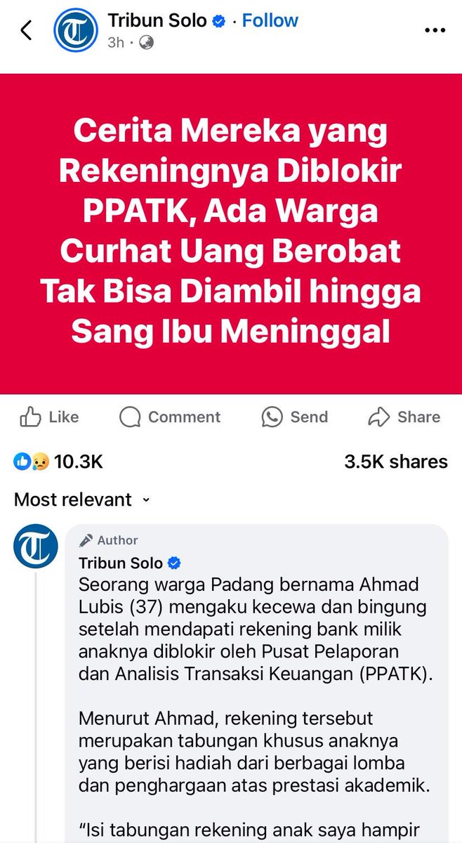 Kebijakan absurd memblokir rekening rakyat mulai menelan korban, ada uang yg harusnya utk berobat yg terblokir,  ada uang membayar kontrakan akhirnya juga tdk bisa diambil, dll.
Tolong  <a href="/PPATK/">PPATK</a> batalkan kebijakan absurd ini, ada cara lain kalo tujuanya menyasar penyalahngunaan