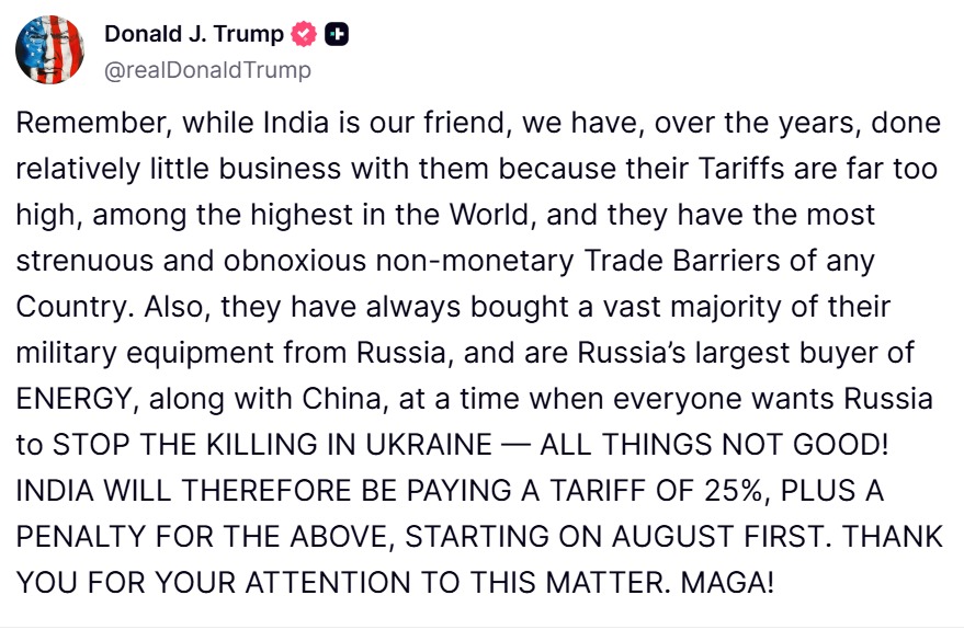 🚨 Trump imposes 25% tariffs on India starting August 1, plus ‘penalty’ for buying Russian oil.
