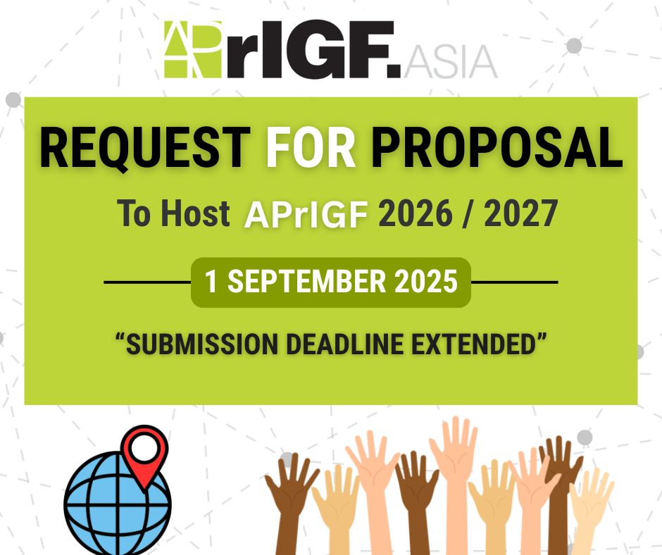 aprigf_official's tweet image. 📣Deadline Extended: Request For Proposals for Hosting APrIGF 2026 &amp;amp; 2027

👉Find out more at our website: ap.rigf.asia/hosting-aprigf/ and Submit your proposals by September 01, 2025.

#APrIGF2026 #APrIGF2027 #RequestForProposal #internetgovernanceforum #AsiaPacific #apac #aprigf