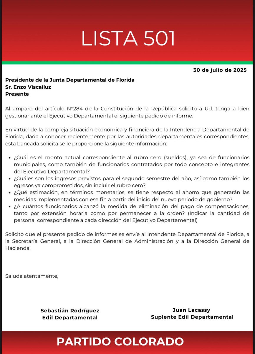🔴 La bancada de ediles de la <a href="/Lista501Florida/">Lista 501- Florida</a> - <a href="/PartidoColorado/">Partido Colorado</a> presentó dos pedidos de informes relativos al proyecto de retiro incentivado y a la compleja situación económica y financiera de la <a href="/FloridaIDF/">Intendencia de Florida</a>