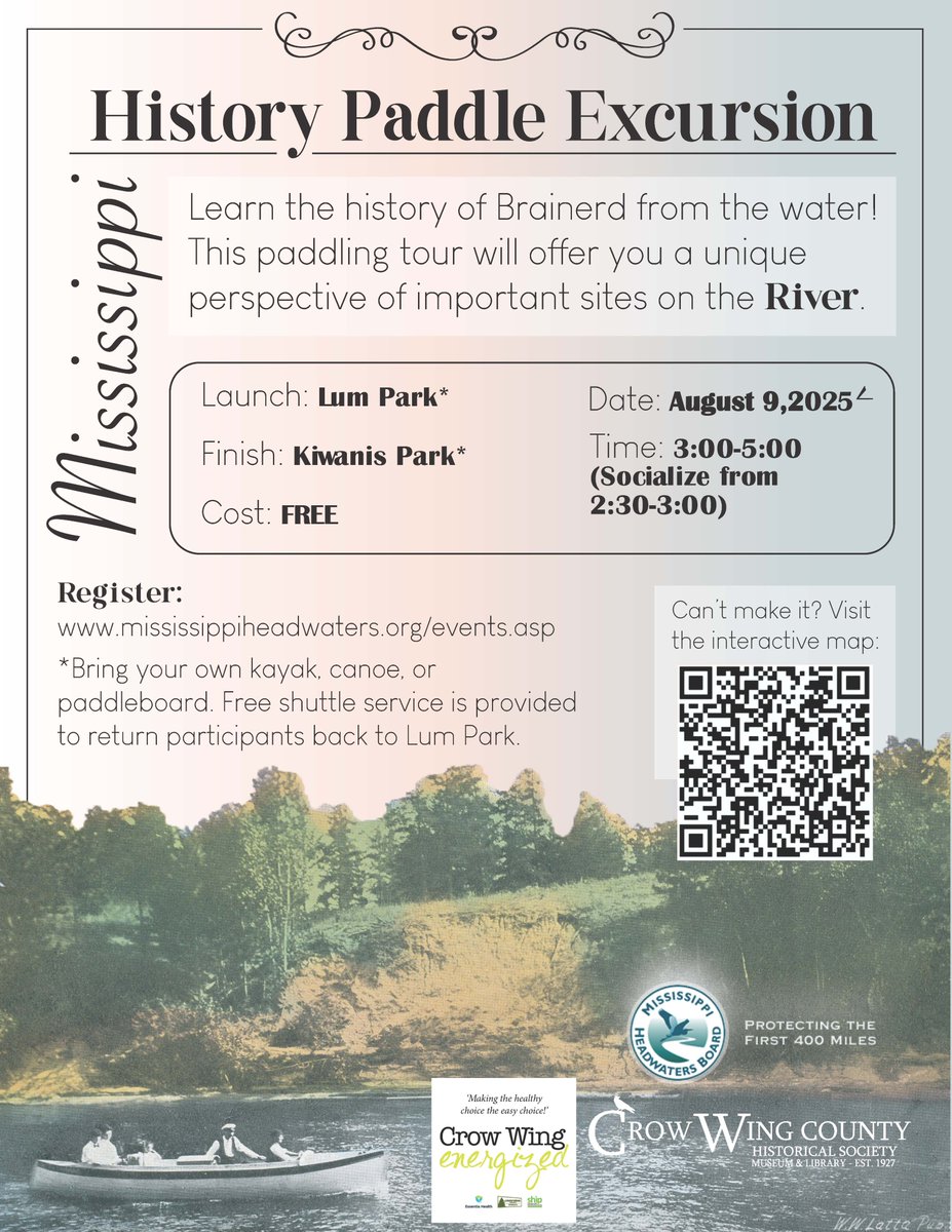 Bring the family and join us August 9th for the History Paddle Excursion.  
#mississippiheadwatersboard #crowwinghistoricalsociety #crowwingenergize #crowwingenergized #lovebrainerd #lovebrainerdlakes