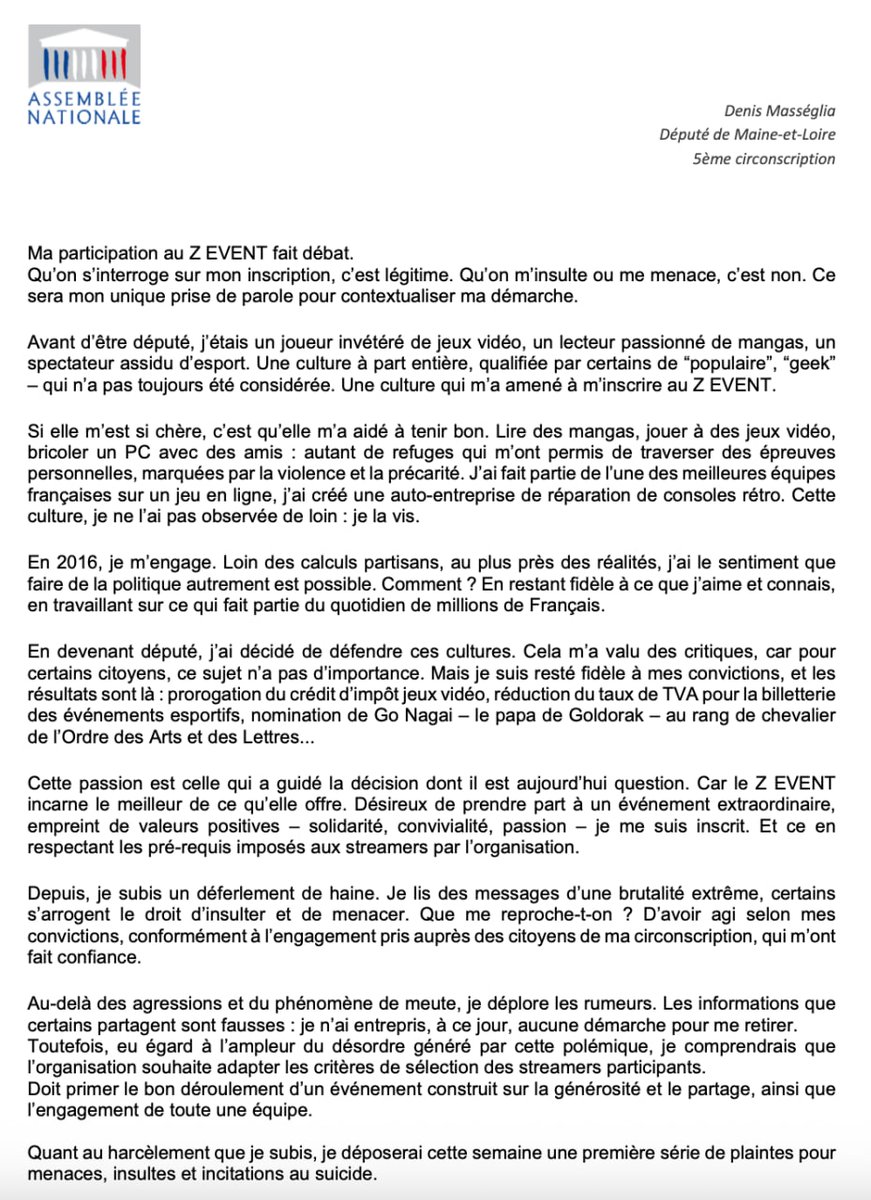 Ma participation au <a href="/ZEVENTFR/">ZEVENT</a> fait débat.
Qu’on s’interroge sur mon inscription, c’est légitime. Qu’on m’insulte ou me menace, c’est non. Ce sera mon unique prise de parole pour contextualiser ma démarche.