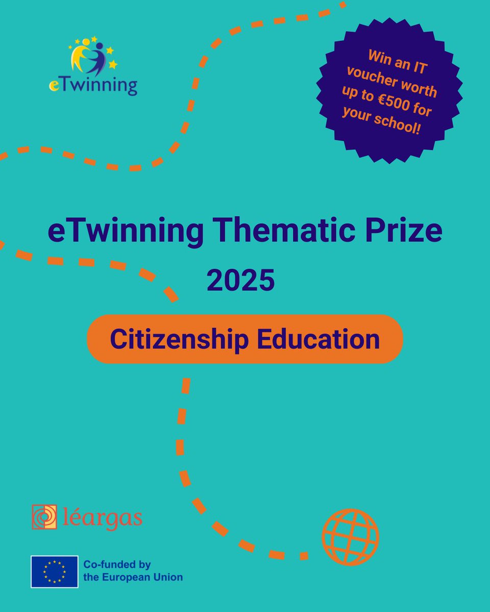 eTwinning Ireland (@leargas_etwinn) on Twitter photo 🎁 Want to win a voucher worth up to €500 for your school?
Enter the #Twinning Thematic Prize 2025! All you need to do is create an #eTwinning project related to this year's annual theme: Citizenship Education 🌍
For more information, email etwinning@leargas.ie 📧 🎁 Want to win a voucher worth up to €500 for your school?
Enter the #Twinning Thematic Prize 2025! All you need to do is create an #eTwinning project related to this year's annual theme: Citizenship Education 🌍
For more information, email etwinning@leargas.ie 📧