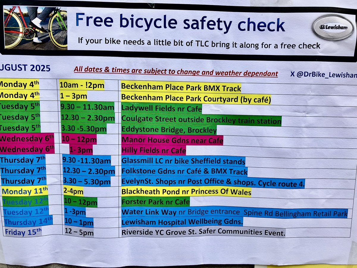 Dr Bike Lewisham (@drbike_lewisham) on Twitter photo #DrBike dates for LB #Lewisham #free #bicycle safety check, adjustments & minor repair. All times subject to change & weather dependent. #cycling <a href="/LewishamCouncil/">Lewisham Council</a> <a href="/MPSLewisham/">Lewisham MPS</a> <a href="/deptfordfolk/">DeptfordFolk</a> <a href="/MPSBlackheathW/">Blackheath W Police</a> #DrBike dates for LB #Lewisham #free #bicycle safety check, adjustments & minor repair. All times subject to change & weather dependent. #cycling <a href="/LewishamCouncil/">Lewisham Council</a> <a href="/MPSLewisham/">Lewisham MPS</a> <a href="/deptfordfolk/">DeptfordFolk</a> <a href="/MPSBlackheathW/">Blackheath W Police</a>